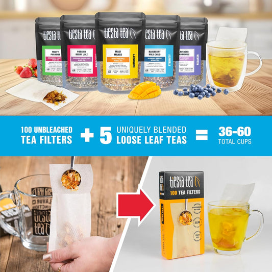 Tiesta Tea - Loose Leaf Starter Kit | Premium Starter Kit Sampler | High To Non Caffeinated | Make Hot & Iced Tea | Starter Kit With Black, Green, Herbal Tea Sample Bags And 100 Disposable Tea Filters