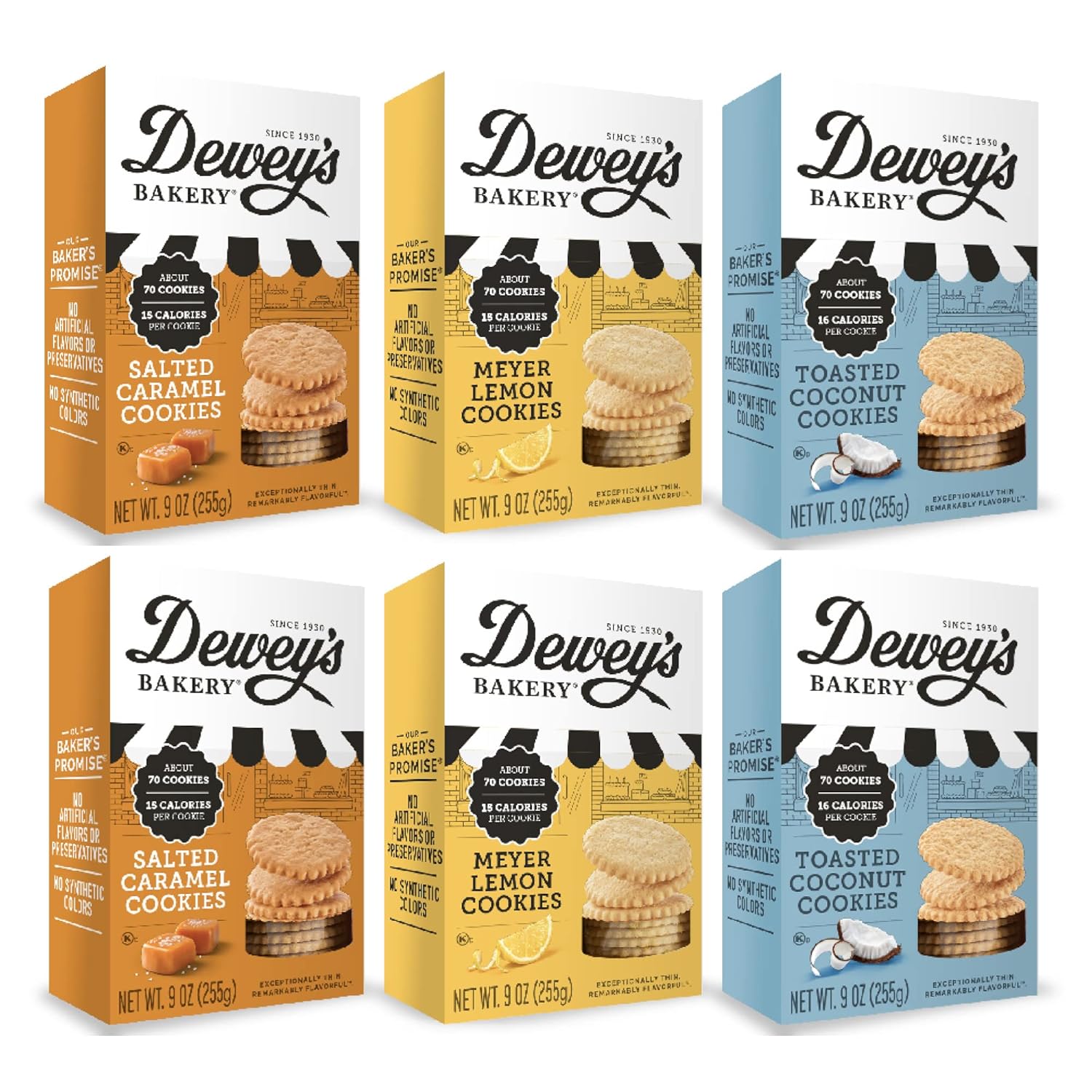 Dewey'S Bakery Meyer Lemon, Salted Caramel & Toasted Coconut Moravian Cookie Thins Variety Pack, 9 Oz (Pack Of 6)