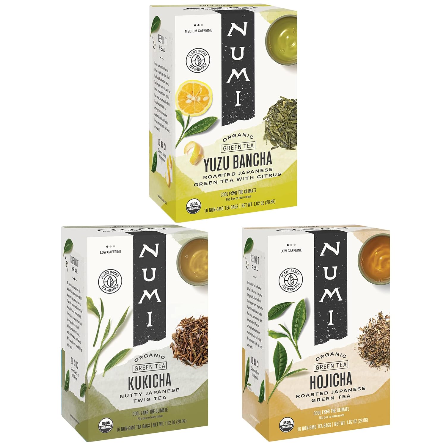 Numi Organic Roasted Japanese Green Tea Variety Pack, 16 Tea Bags (Pack Of 3), Hojicha, Yuzu Bancha & Kukicha