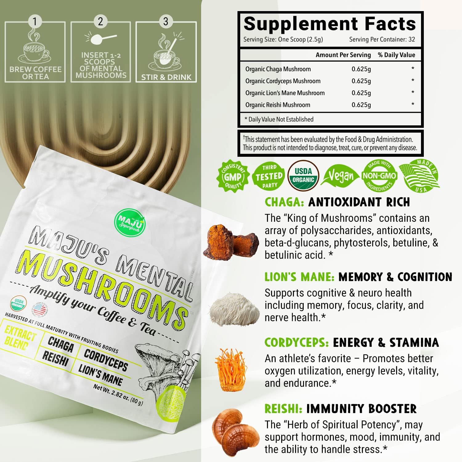 MAJU's Mental Mushroom Powder Extract, Strong Lions Mane, Chaga, Reishi, Cordyceps, Fruiting Bodies for Coffee, Immune System Booster, Nootropic Brain Supplement, Memory, Organic Mushrooms : Health & Household