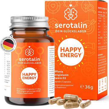 Serotalin® Original Happy Energy Capsules - Motivation & Focus | Griffonia + Vitamin D3 + Phenylalanine + Vitamin B12 + B6 + Zinc + Chromium & Caffeine | 100% Vegan, 60 Capsules For 2 Months