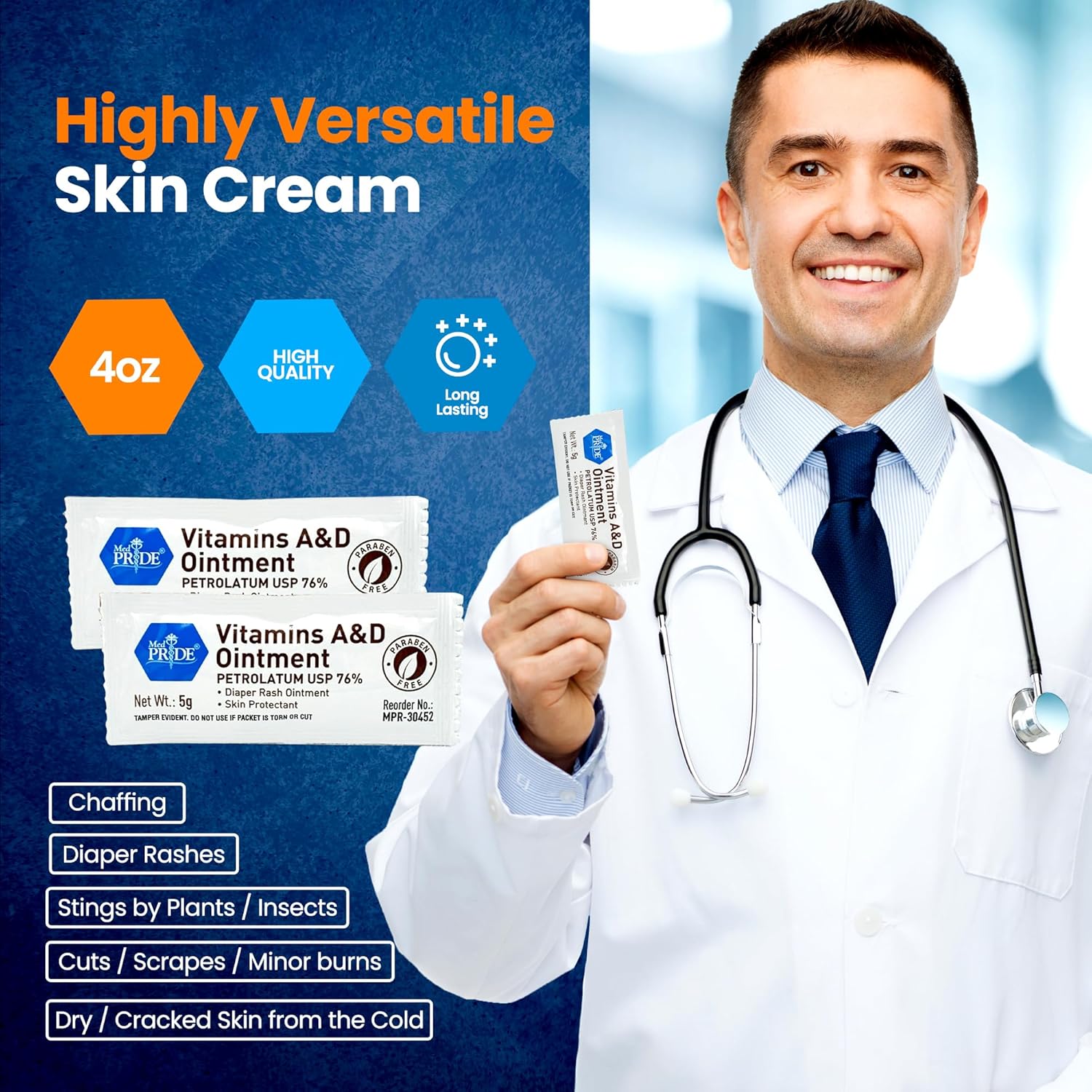 Med Pride Vitamins A&D Ointment Diaper Rash Cream Packets Adults Ad Skin Protectant 5G Packets 144 Ct Lanolin & Petrolatum For Chafing Cuts Dry Skin