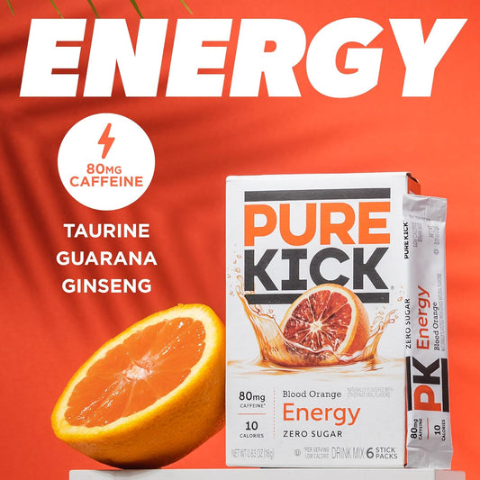 Pure Kick Energy Singles To Go Drink Mix, Blood Orange, Includes 12 Boxes With 6 Packets In Each Box, 72 Total Packets