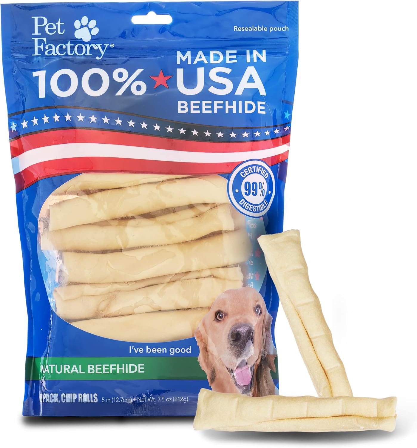 Pet Factory 100% Made In Usa Beefhide 5" Chip Rolls Dog Chew Treats - Natural Flavor, 18 Count/1 Pack