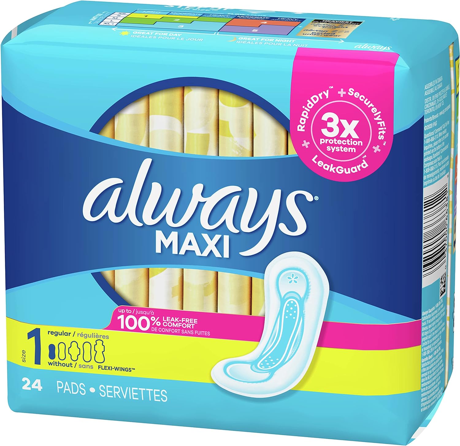 Always Maxi Feminine Pads for Women, Regular Absorbency, 24 Count, No Wings, Unscented (24 Count)