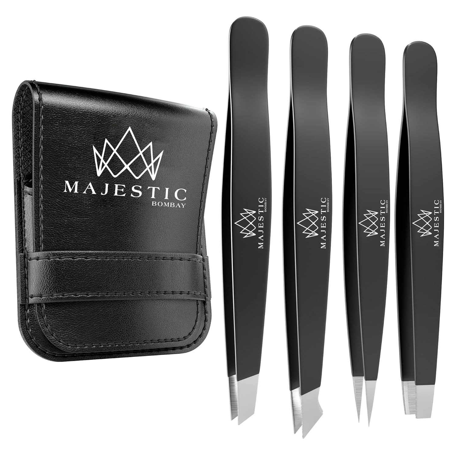 Tweezers Set 4-Piece-Stainless Steel Slant Tip + Sharp Pointed Eyebrow Tweezer Set-Precision Facial Hair Removal,Eyebrow Hair,Splinter,Blackhead,Ingrown Hair/Tick Remover-Ends Meet Perfect