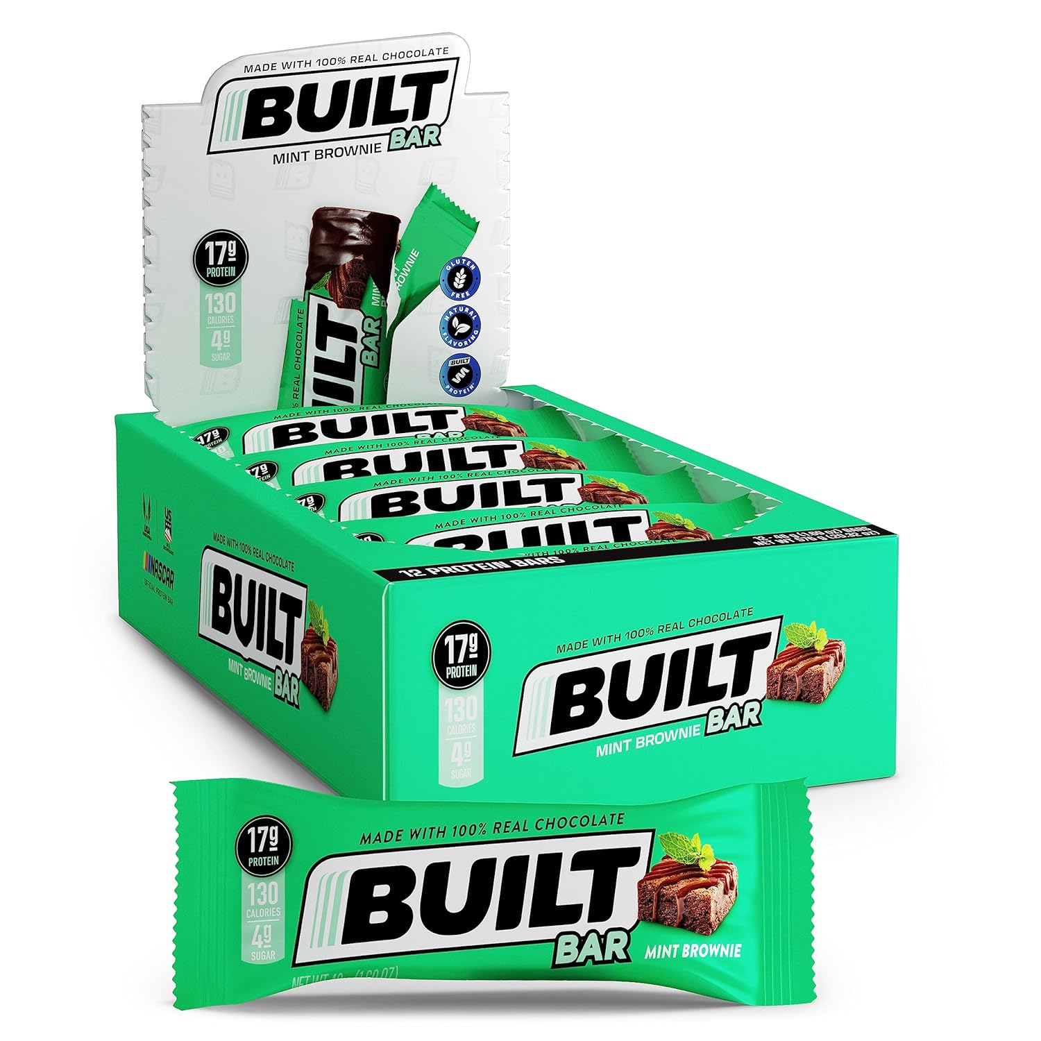 Built Protein Bars, Mint Brownie, 12 Count, 1.73Oz Bars, Gluten Free Protein Snacks With 17G Of High Protein. Chocolate Protein Bar Only 130 Calories & 4G Sugar, Great On The Go Protein Snack