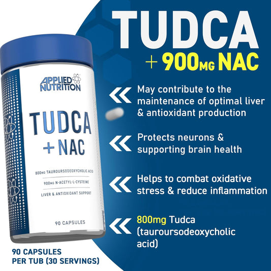 Applied Nutrition Tudca + Nac - Tudca Liver & Antioxidant Support, Bile Salts, Liver Support Suplement, 800Mg Tauroursodeoxycholic Acid (90 Capsules - 30 Servings)