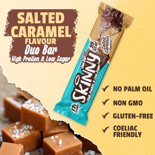 Skinny Food Co Low Calorie Protein Bars 12 X 60G - 12G Protein - Salted Caramel Low Sugar Protein Bars - Vegetarian & Vegan - Gluten-Free & Coeliac Friendly - High Protein Snacks