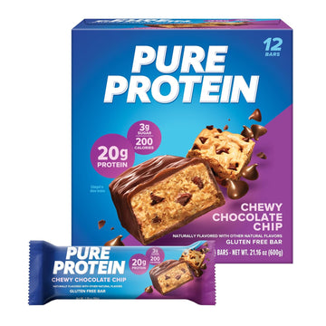 Pure Protein Bars, High Protein, Nutritious Snacks to Support Energy, Low Sugar, Gluten Free, Chewy Chocolate Chip, 1.76oz (Pack of 12), Packaging may vary