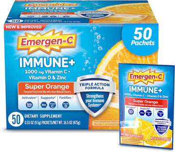 Emergen-C Immune+ Triple Action Immune Support Powder, BetaVia (R), 1000mg Vitamin C, B Vitamins, Vitamin D and Antioxidants, Super Orange ? 50 Count
