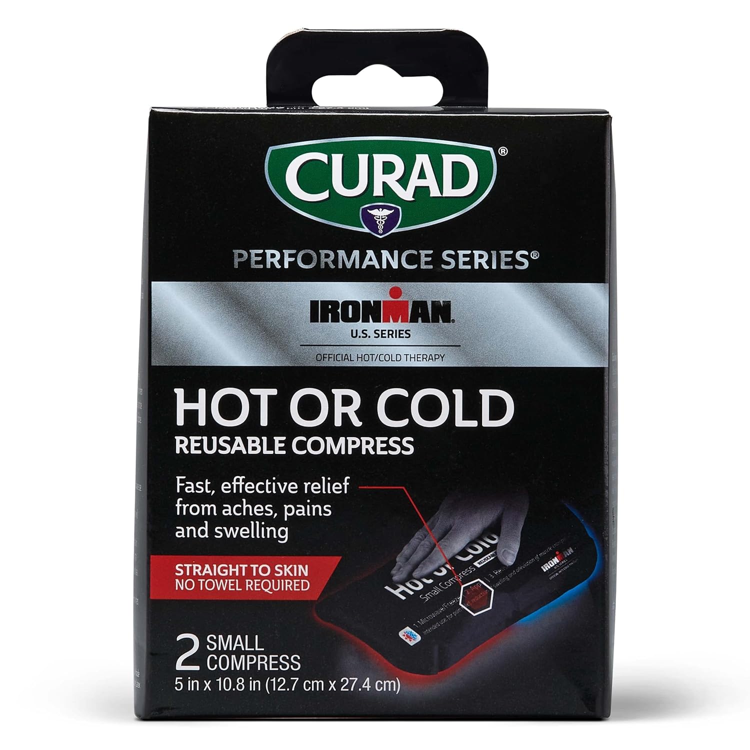 Curad Ironman Hot Or Cold Reusable Compress, Reusable Ice Pack For Injuries, Small Compress Is 5 In X 10.8 In, 2 Count