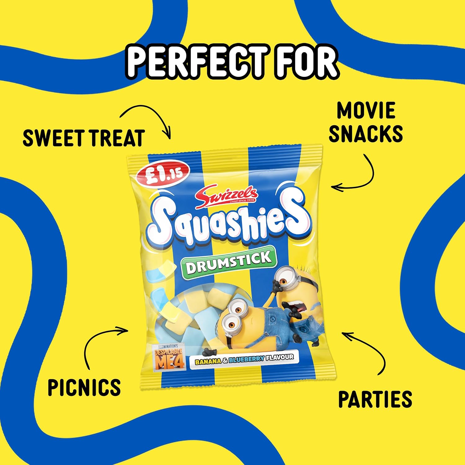 Swizzels Squashies Minion Sweets - Banana & Blueberry Flavour - Price Marked Multipack (12 x 120g) : Amazon.co.uk: Grocery