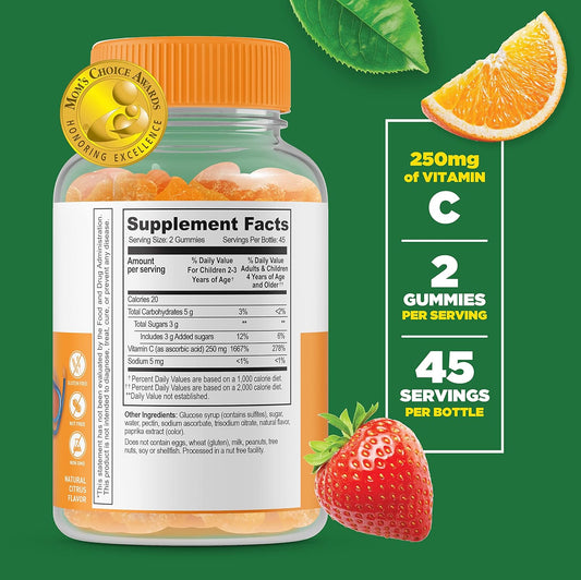 Lifeable Vitamin C - Great Tasting Natural Flavor Gummy Supplement - Vegetarian GMO-Free Chewable Vitamins - for Immune Support - 90 Gummies (250 mg for Kids)