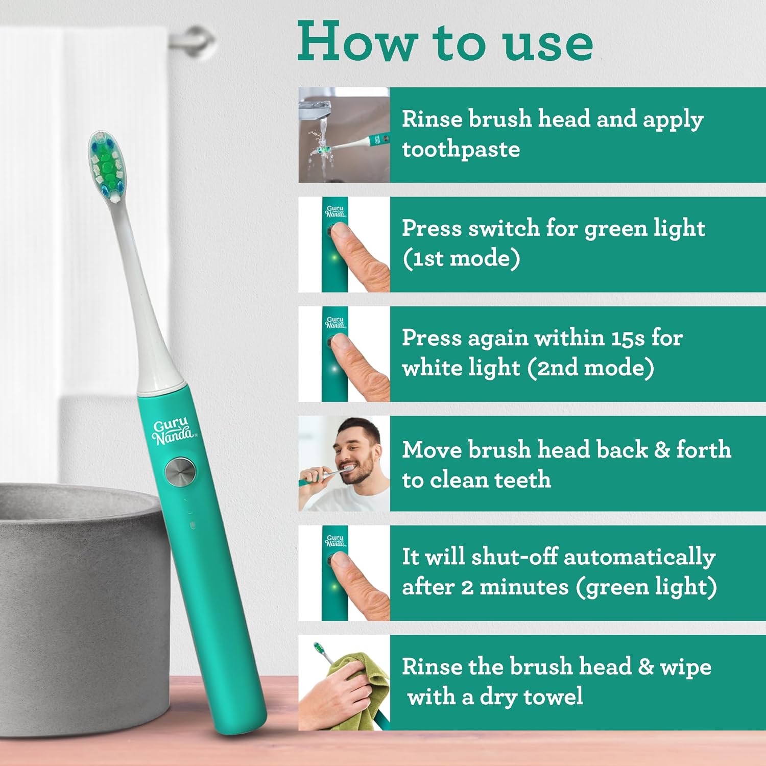 GuruNanda Cruiser Sonic Toothbrush with 2 Brush Heads, 1 Brush Cap, 1 USB Cable - 2 Modes, 2-Minute Timer & More Than 30,000 Vibrations, Teal : Health & Household