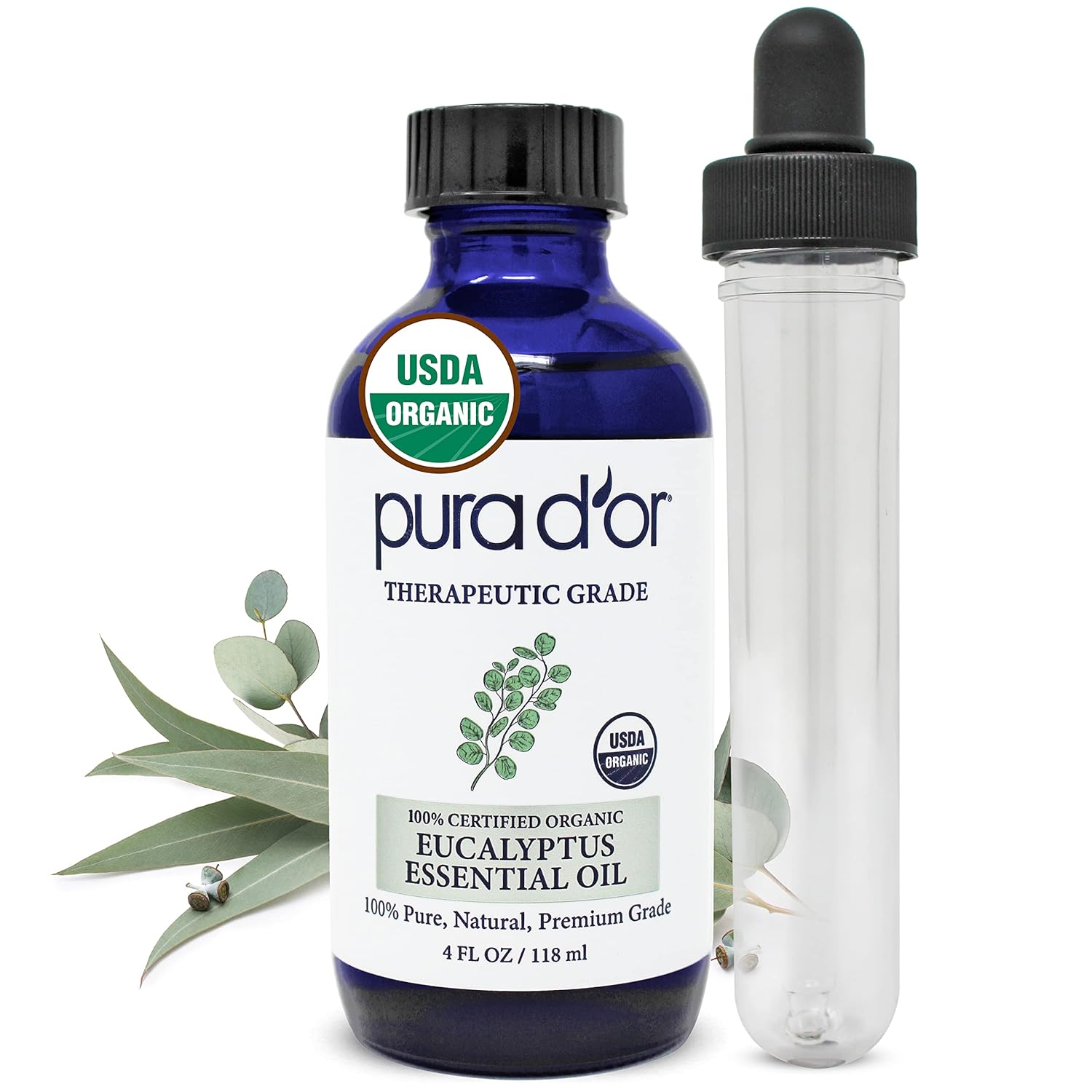 Pura D'Or Organic Eucalyptus Essential Oil (4Oz With Glass Dropper) 100% Pure & Natural Therapeutic Grade For Hair, Body, Skin, Aromatherapy Diffuser, Relaxation, Massage, Raspatory, Home, Diy Soap