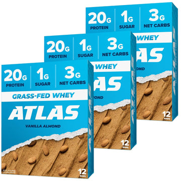 Atlas Protein Bar, 20G Protein, 1G Sugar, Clean Ingredients, Gluten Free (Vanilla Almond, 12 Count (Pack Of 3))