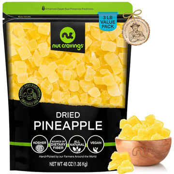 Nut Cravings Dry Fruits - Sun Dried Pineapple Chunks, with Sugar Added (48oz - 3 LB) Packed Fresh in Resealable Bag - Sweet Snack, Healthy Food, All Natural, Vegan, Kosher Certified