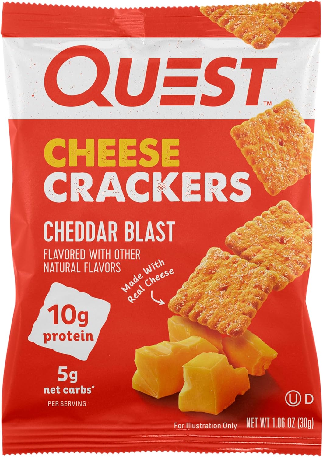 Quest Nutrition Cheese Crackers, Cheddar Blast, 10G Protein, 5G Net Carbs, 1G Sugar, Made With Real Cheese, 12 Packs (1.06 Oz Bags)