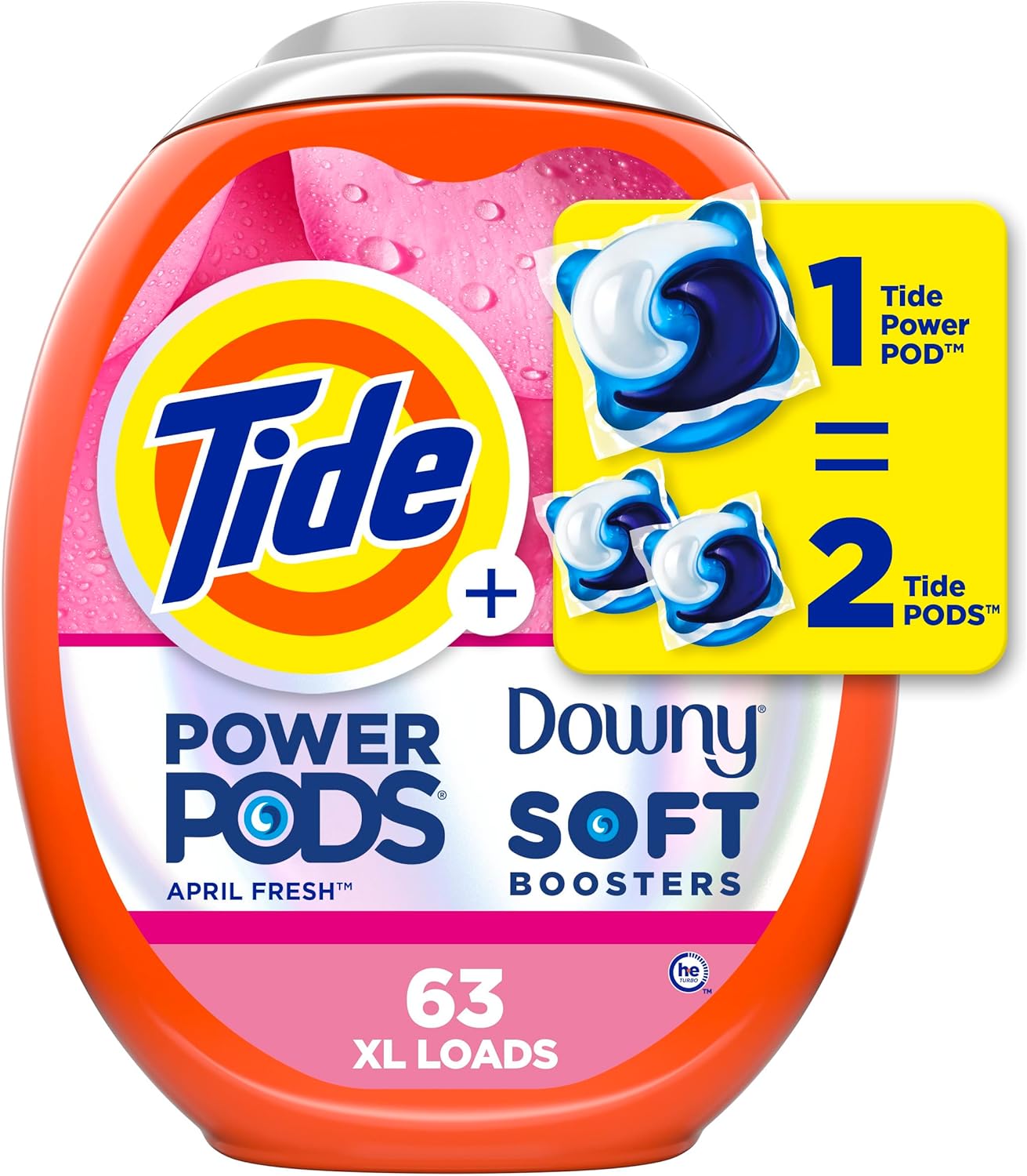 Tide Power Pods 2-In-1 Laundry Detergent Pods With Downy Soft Boosters, Lasting Freshness With April Fresh Scent, 63 Count