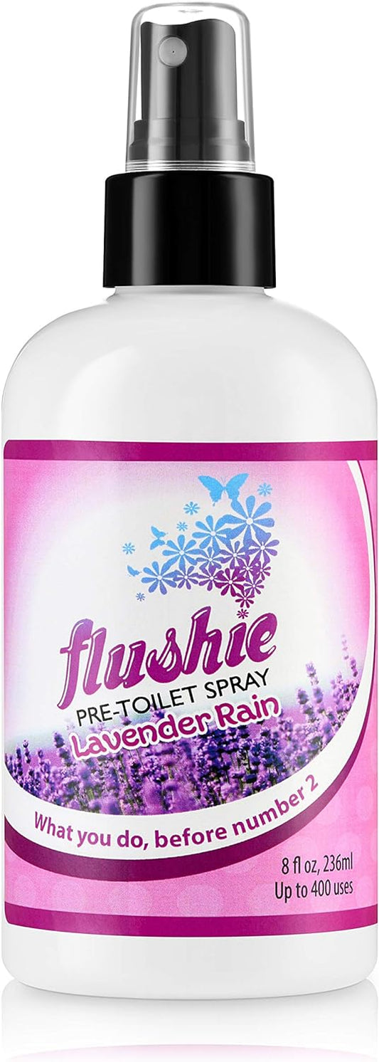 Flushie Pre-Toilet Spray 8-Ounce Bottle, Bathroom Deodorizer Perfect for Travel 8oz 1 Pack (Lavender Rain, 2 Pack)