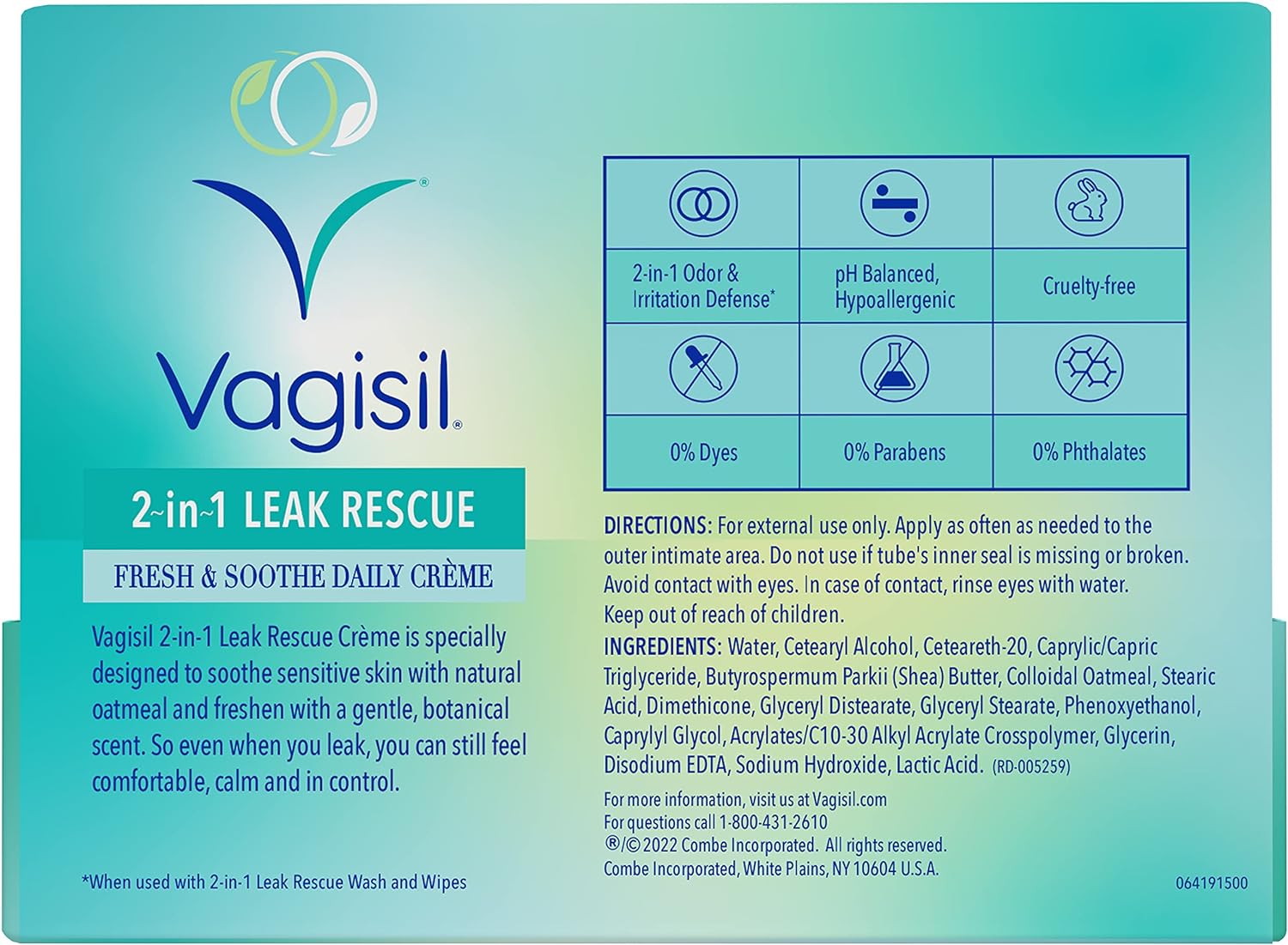 Vagisil 2-in-1 Leak Rescue Intimate Feminine Cream for Women, Gynecologist Tested & Hypoallergenic, 1 oz (Pack of 1) : Health & Household