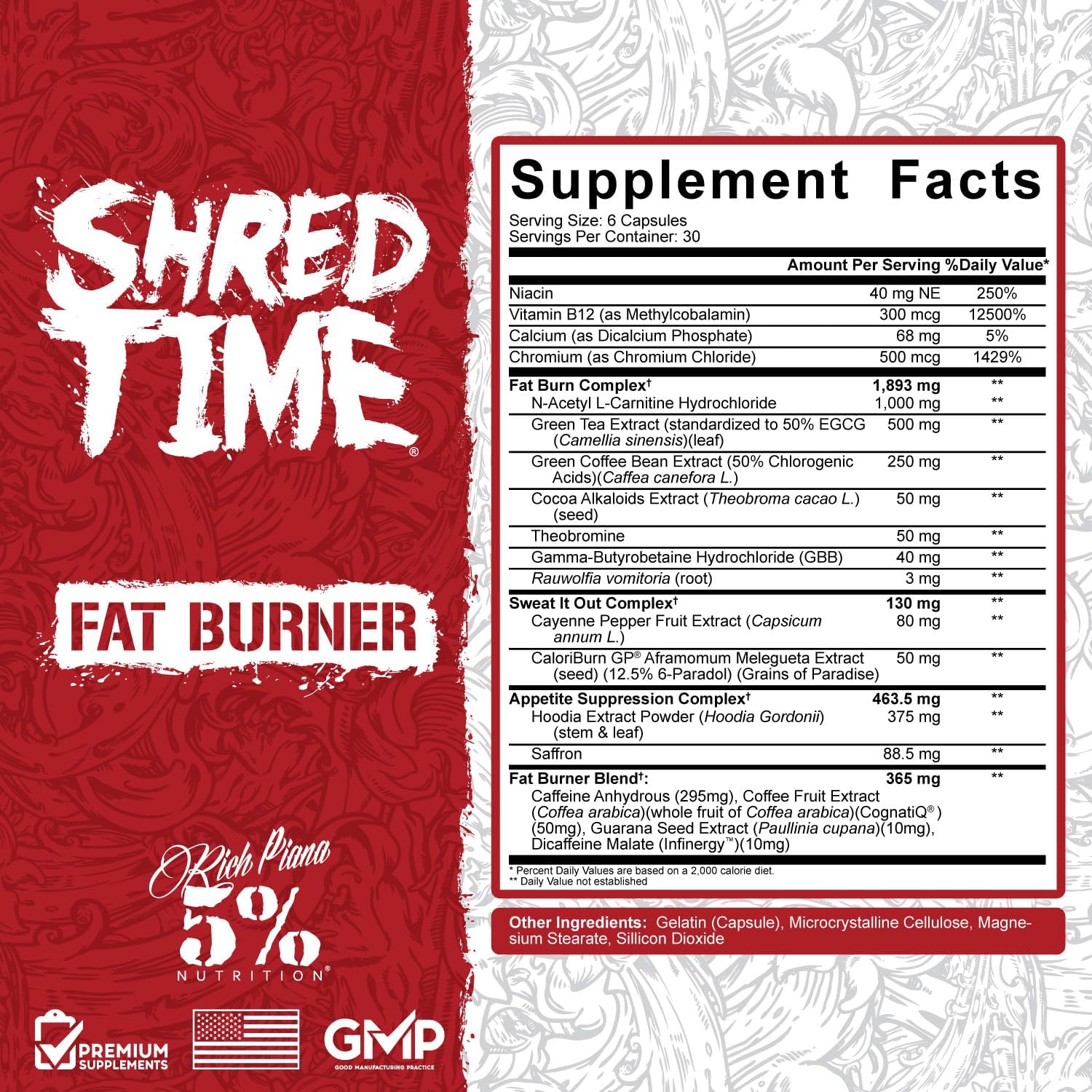 5% Nutrition Shred Time Fat Burner | Green Tea, Coffee Bean, Cayenne, Theobromine, GBB | Appetite Suppression | 30 Servings (180 Capsules) : Health & Household