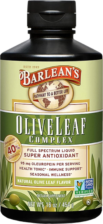 Barlean's Olive Leaf Complex Liq Immune Support Supplement with 95mg Oleuropein Antioxidants for Seasonal Wellness, Heart Health, & Immune System Booster, 16