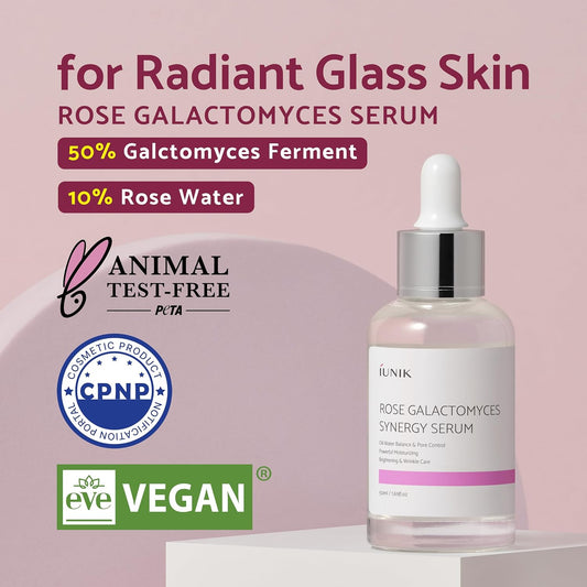 Iunik Rose Galactomyces Synergy Vegan Face Serum 1.69 Fl Oz Naturally Fermented Rose Water Hydrating Ampoule Serum Deep Moisturizing Pore Minimizing Alcohol-Free Chemical-Free Korean Skincare