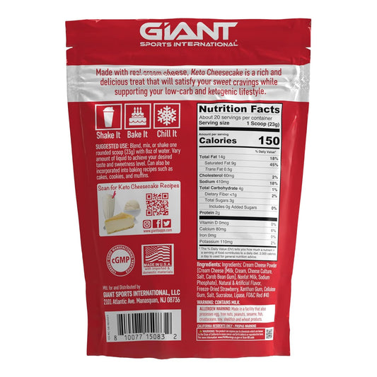 Giant Sports Keto Cheesecake Shake Mix - Delicious Low Carb, Ketogenic Diet Gluten Free Powder Mix - Works Great With Almond Milk - Strawberry (20 Serving Bag)