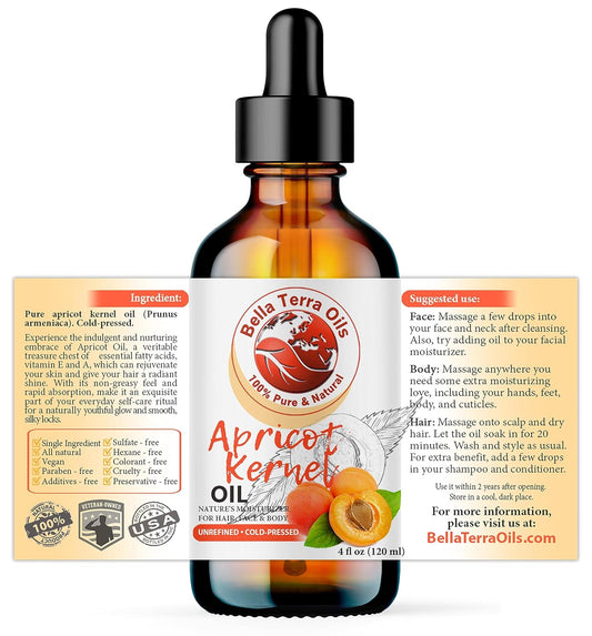 Bella Terra Oils - Organic Apricot Kernel Oil 4oz - Dive into Organic Apricot's Nutritional Excellence, High in Vitamin C, Promotes Supple & Radiant Skin