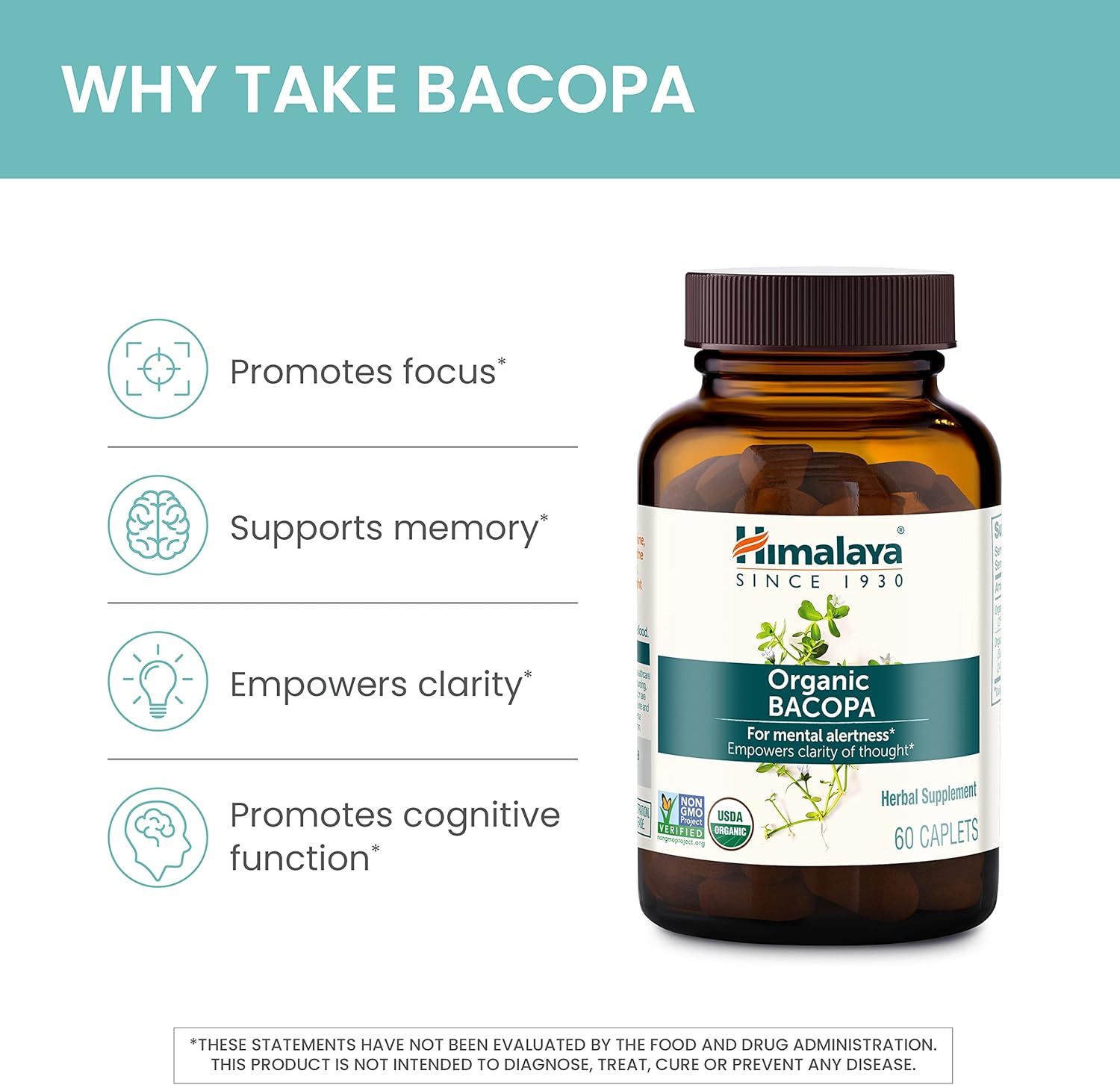 Himalaya Organic Bacopa Monnieri Nootropic Herbal Supplement, Mental Alertness, Supports Calm, Memory, Cognition, USDA Organic, Non-GMO, 750 mg, 60 Plant-Based Caplets, 2 Pack, 120 Day Supply : Health & Household