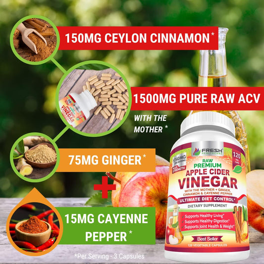 Apple Cider Vinegar Capsules Max 1740Mg With Mother - 100% Natural & Raw With Cinnamon, Ginger & Cayenne Pepper - Ideal For Healthy Living, Detox & Digestion -120 Vegan Pills