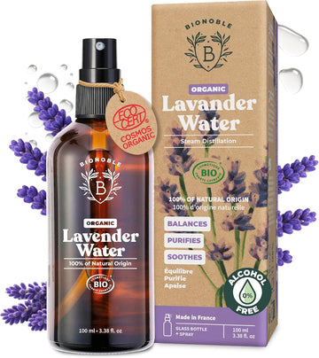 Bionoble Organic Lavender Water For Skin - Soothes, Purifies & Balances - 100% Of Natural Origin And Vegan Lavender Hydrosol For Acne-Prone Skin, Body & Hair - Glass Bottle With Spray - 100Ml