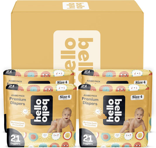 Hello Bello Premium Diapers Size 4 I 21 Count (Pack of 4) Disposable, Extra-Absorbent, Hypoallergenic, and Eco-Friendly Baby Diapers with Snug and Comfort Fit I SunnySide Up Pattern Value Pack (84 CT) : Baby