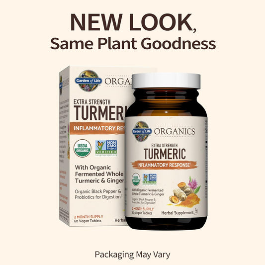 Garden of Life Organics Extra Strength Turmeric Inflammatory Response 60 Tablets-100mg Curcumin (95% Curcuminoids) Black Pepper, Probiotics, Organic Non-GMO Vegan Gluten Free Herbal Supplement