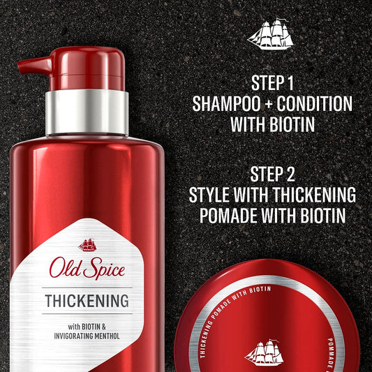 Old Spice Men'S Thickening 2-In-1 Shampoo And Conditioner With Biotin And Menthol (17.9 Fl Oz) & Thickening Styling Pomade Infused With Biotin Bundle (2.22 Oz)