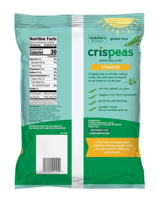 Beech-Nut Toddler Snacks, Cheese Crispeas Baked Pea Puffs, Grain-Free, Gluten-Free, Non-GMO, 1.4 oz Bag (7 Pack)