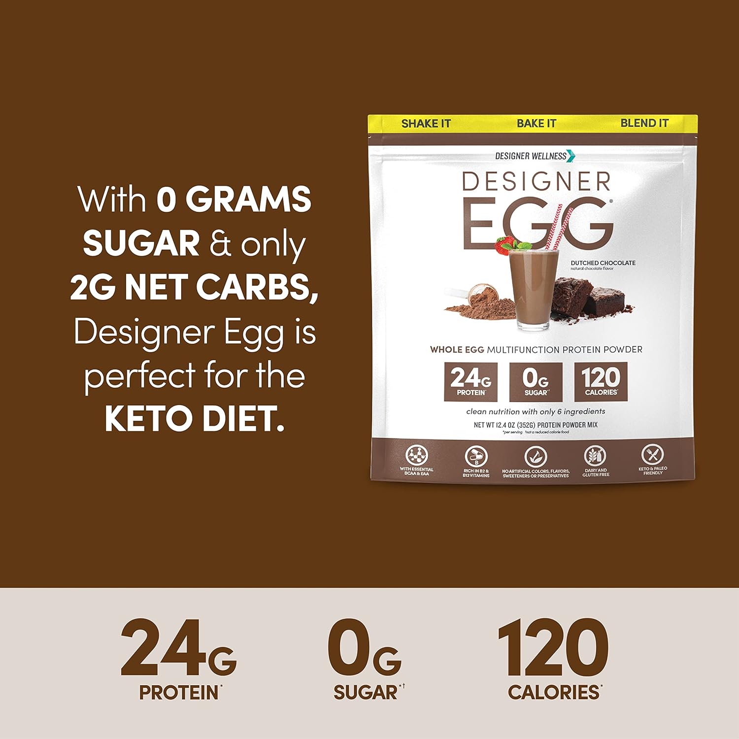 Designer Wellness, Designer Egg, Natural Egg Yolk & Egg White Protein Powder, Keto and Paleo Friendly, Low Calorie, Less Fat and Cholesterol, Dutch Chocolate, 12.4 Ounce : Health & Household