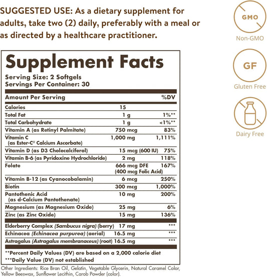 Solgar Ester-C Plus Immune Complex, 60 Softgels - 24-Hour Immune Support - Supports Upper Respiratory Health - Plus D3, Zinc, Elderberry & Echinacea - Non-Gmo, Gluten Free, Dairy Free - 30 Servings