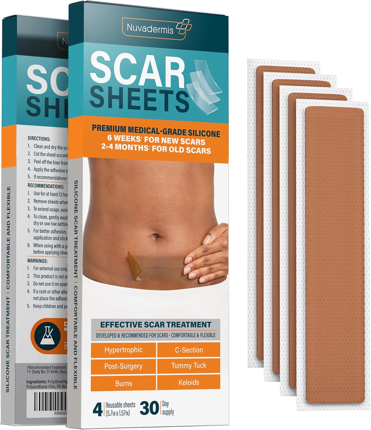 Nuvadermis Silicone Scar Sheets – Extra Long Medical-Grade Scar Sheets For C-Section, Tummy Tuck, Keloid, And Surgical Scars – Reusable And Effective – Pack Of 4 – Medium Tone