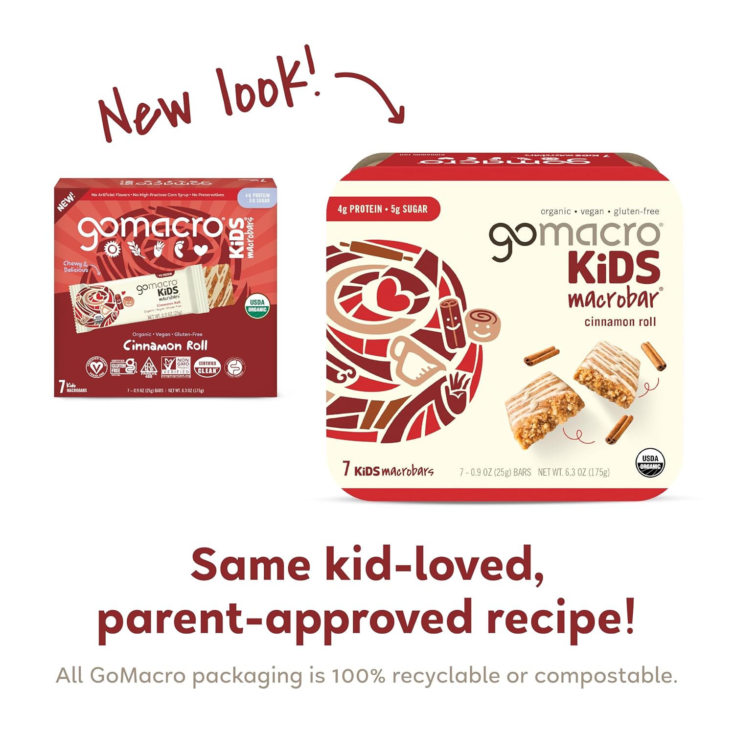 GoMacro Kids MacroBar Organic Vegan Snack Bars - Cinnamon Roll (0.90 Ounce Bars, 7 Count) (Pack of 2) : Grocery & Gourmet Food