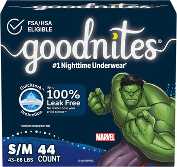 Goodnites Boys' Nighttime Bedwetting Underwear, Size S/M (43-68 Lbs), 44 Ct (2 Packs Of 22), Packaging May Vary