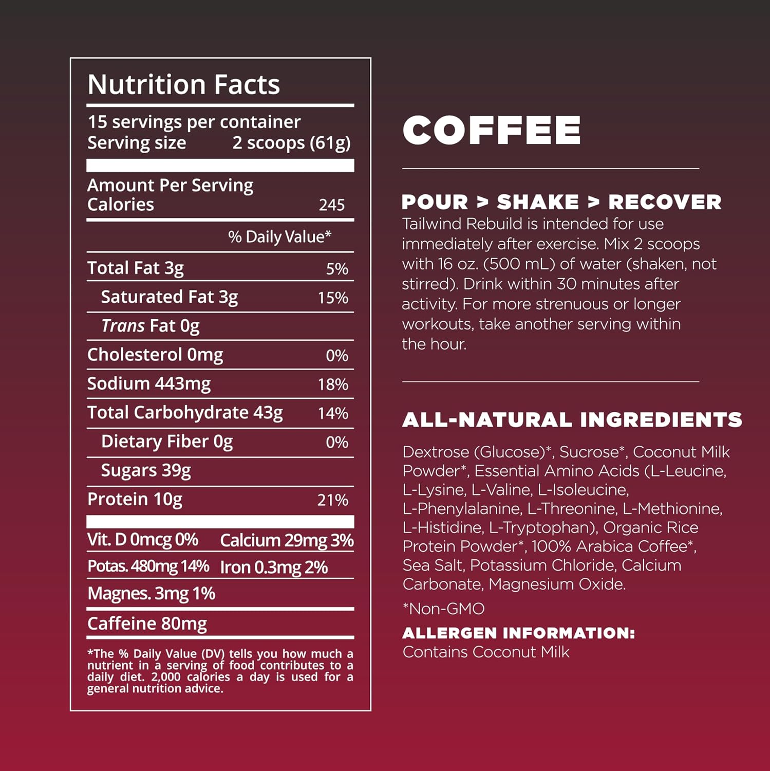 Tailwind Nutrition Recovery Mix, Complete Protein, Carbohydrates, and Electrolytes Powder Drink Mix for Post-Workout, Free of Gluten, Soy, and Dairy, Vegan, 15 Servings, Coffee : Health & Household