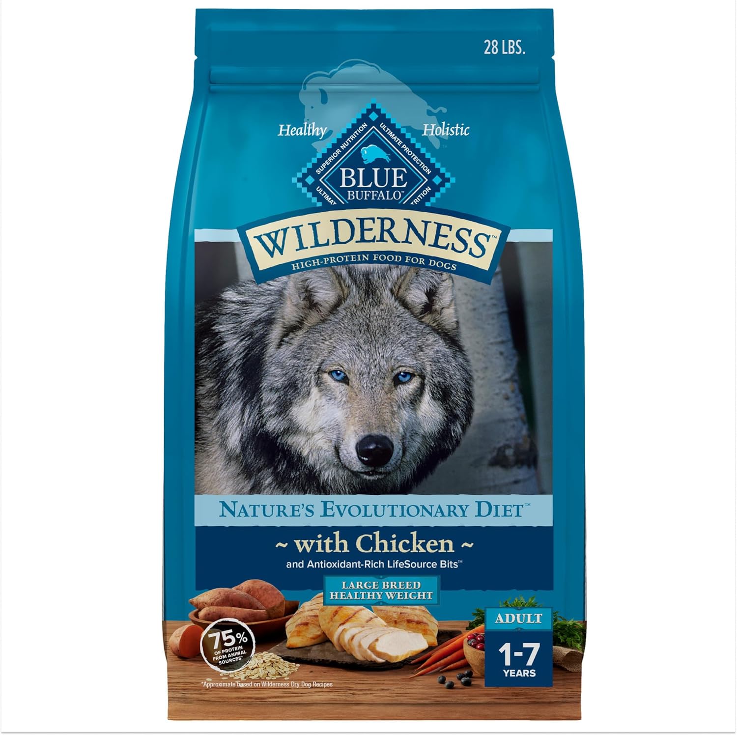 Blue Buffalo Wilderness Natural High-Protein Healthy Weight Dry Food For Large Breed Adult Dogs, Chicken Recipe, 28-Lb. Bag