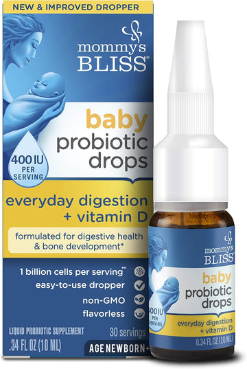 Mommy'S Bliss Baby Probiotic Drops + Vitamin D, Supports Digestive Health And Immunity, 400Iu Vitamin D For Healthy Bone Development, Newborns +, Flavorless, 0.34 Fl Oz (30 Servings)