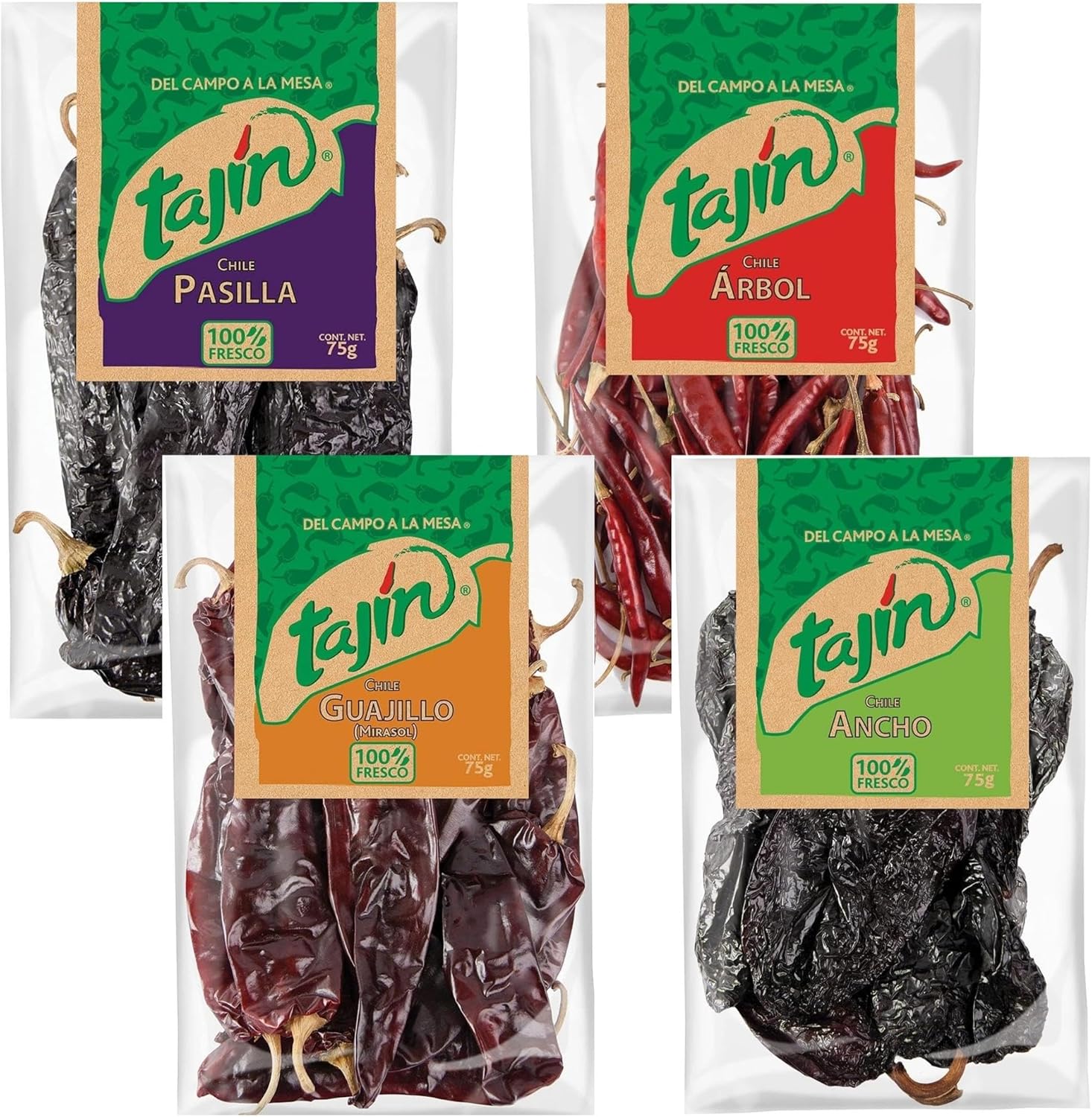 Tajin Authentic Mexican Chilli Bundle Containing 4 Types Of Whole Dried Chillies - Guajillo, Ancho, Pasilla And Arbol (300G Total)