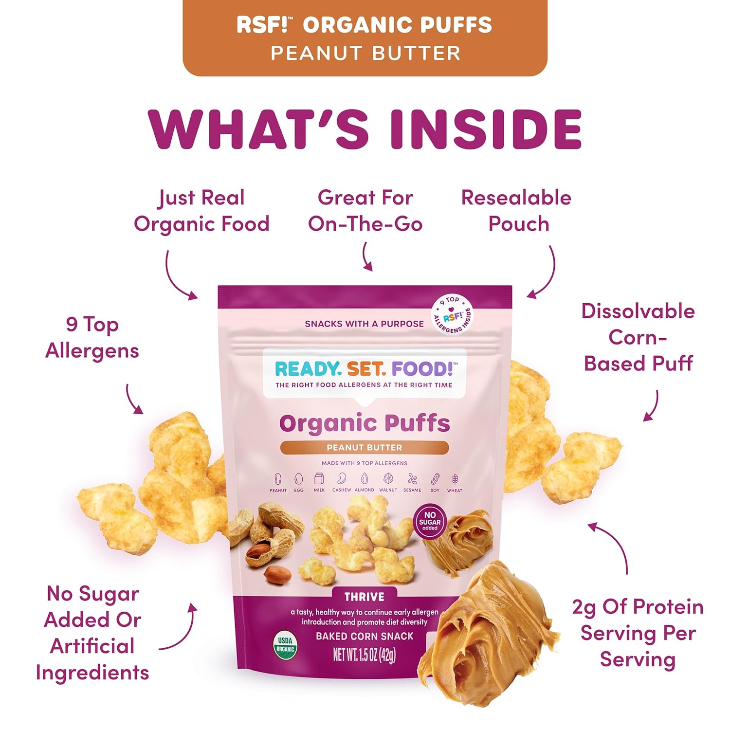 Ready Set Food Organic Puffs – Early Allergen Introduction Snack Puffs w/ 9 Top Allergens: Organic Peanuts, Cashew, Egg & More, No Added Sugar, Babies 8+ Months (AC & PB, 2-Pk)