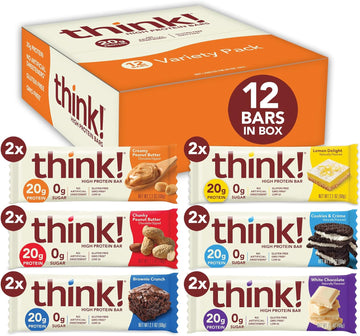 Think! Protein Bars, High Protein Snacks, Gluten Free, Low Sugar Energy Bar With Whey Protein Isolate, Variety Pack, Nutrition Bars Without Artificial Sweeteners, 2.1 Oz (12 Count)