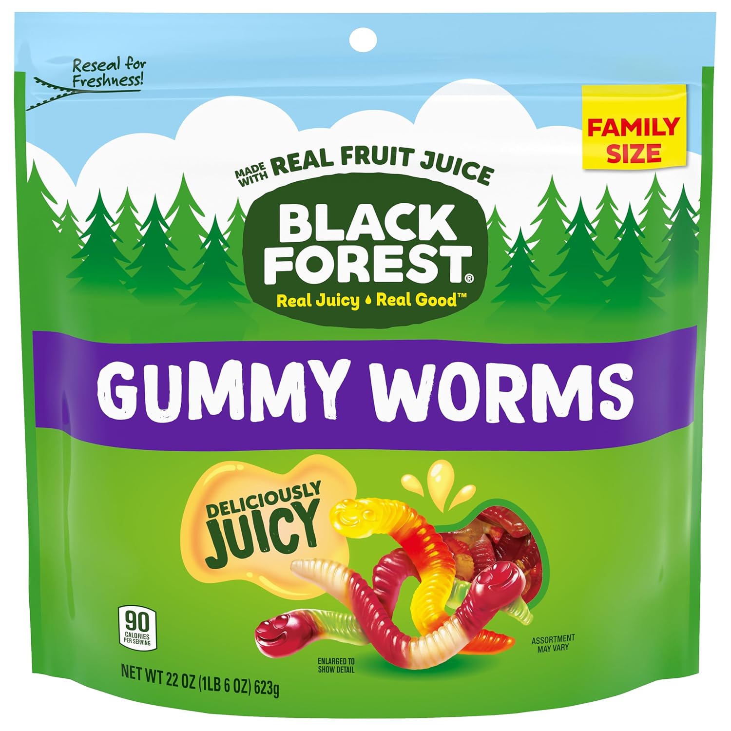 Black Forest Gummy Worms Candy, Made With Real Fruit Juice, Resealable Bag, 22 Ounce